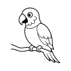 cute cartoon parrot on a branch coloring page for kids on white background 
