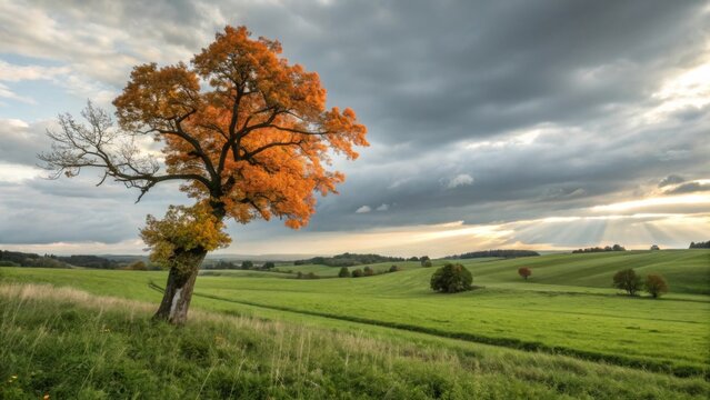 A vibrant tree with autumn foliage stands against a backdrop of rolling green hills and cloudy skies