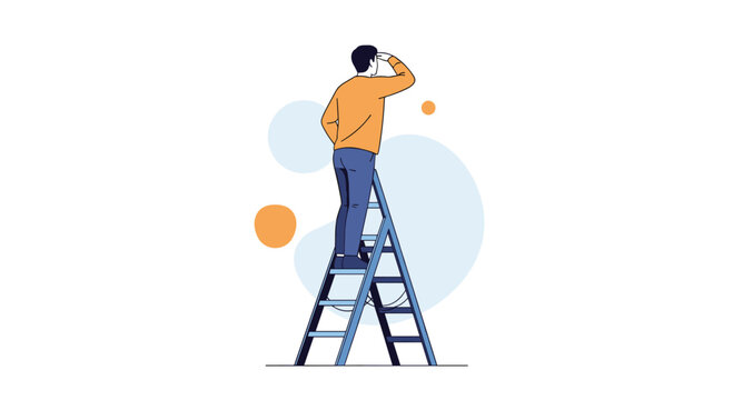 Man on a ladder looking into the distance for opportunities and new possibilities in his career and life