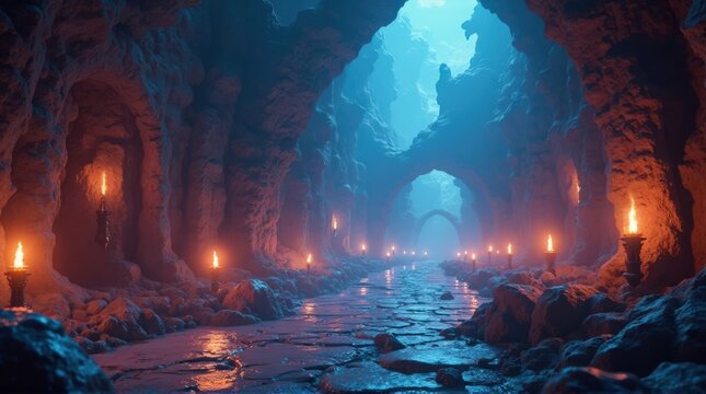Mystical Cave Tunnel with Warm Torch Lighting and Blue Atmosphere - Powered by Adobe