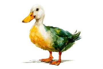 Watercolor painting of a charming duck with green and yellow plumage standing on a white background