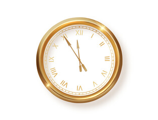 Luxury gold clock realistic isolated for new year or Christmas design. PNG Golden face dial of round shape. Classic vintage luxury elegant roman numeral clock
