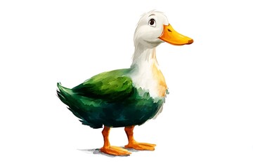 Adorable cartoon duck with green feathers and orange beak standing on white background