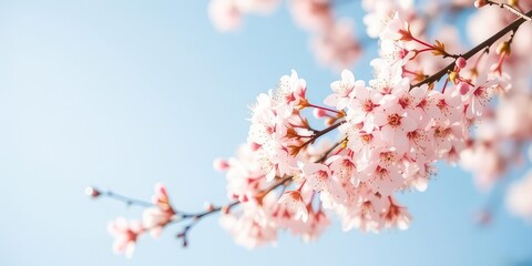 Obraz premium Springtime Cherry Blossom Branch Against a Blue Sky