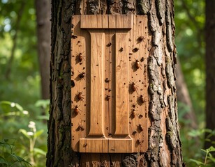 Wooden letter 'II' on tree trunk, bugs