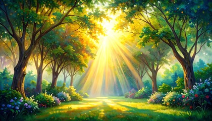 Sunbeams illuminate a lush forest path, vibrant flowers line the way