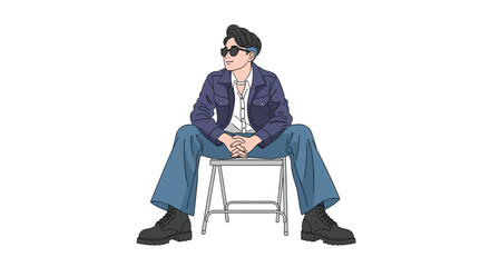 Stylish man in blue suit and sunglasses sitting confidently on a chair with wide stance