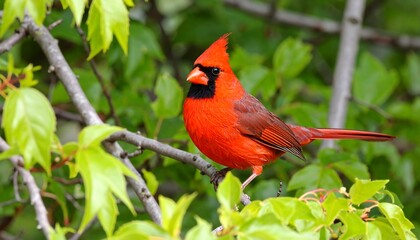Vibrant red bird perched on a branch amidst lush green foliage