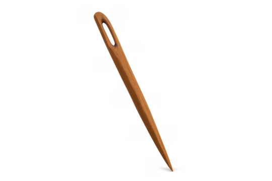 Large wooden needle showcasing intricate crafting details, resting on transparent background for seamless design integration