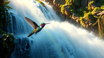 Hummingbird flying near a majestic waterfall with lush green foliage silhouette