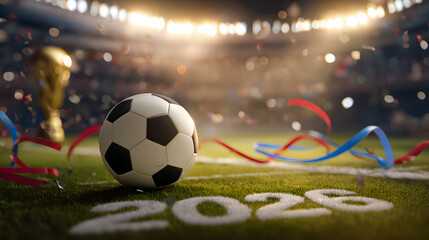 A soccer ball sits prominently on the field, accompanied by the prestigious World Cup trophy and vibrant decorations celebrating the upcoming 2026 tournament