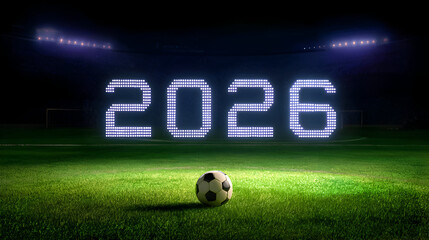 Countdown to the 2026 Soccer World Cup with illuminated numbers and a classic soccer ball in a stadium at night