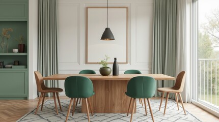 interior design of modern dining room wooden table and gree chairs 3d rendering
