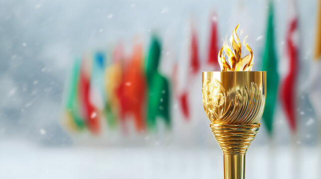 Golden torch with flame displayed in front of international flags during a snowy winter event celebrating unity among nations