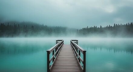 morning mist on the lake. wooden pier leading into misty lake with pine forest in background, serene morning landscape. 