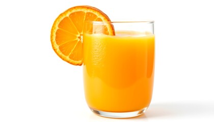 A glass of refreshing orange juice with a slice of orange for decoration. It looks appetizing and healthy, ready to quench your thirst