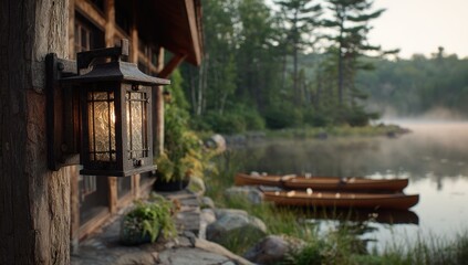 Lakeside Cabin Glow. A rustic cabin with an old-fashioned lantern casting light, overlooks a serene lake with canoes on the shore, bathed in soft morning light with misty trees in the background