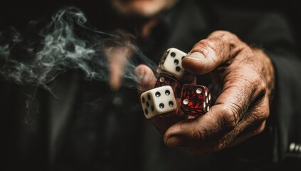 Hand holding dice, smoke curling around them. The hand is slightly aged with visible veins. The dice are red and white with black pips. The background is dark and blurred