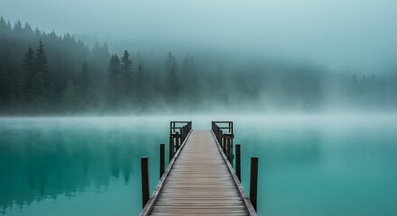 foggy morning on the lake. wooden pier leading into misty lake with pine forest in background, serene morning landscape. 