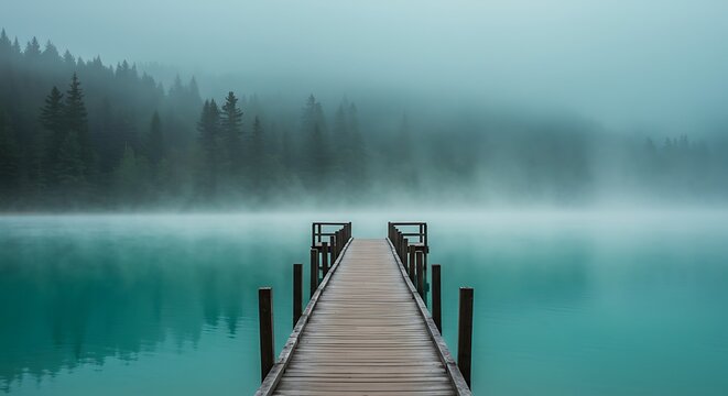 foggy morning on the lake. wooden pier leading into misty lake with pine forest in background, serene morning landscape. - Powered by Adobe