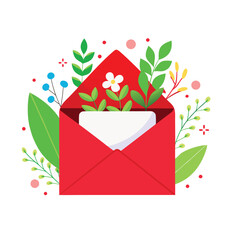 Red envelope with flowers and leaves isolated on white background