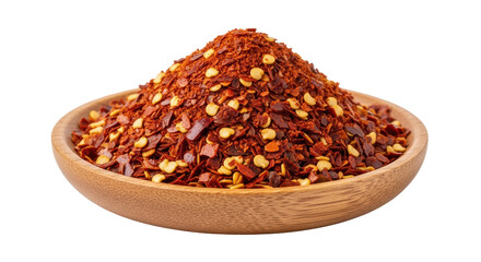Isolated Red Pepper Flakes in Wooden Bowl