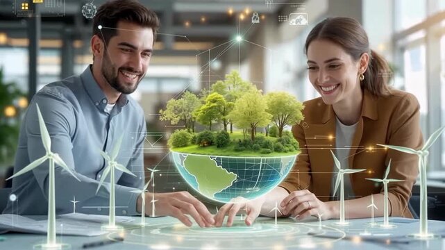 Sustainable technology innovation with wind turbine and digital globe showing green environment and energy solutions for future sustainable