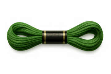 Green embroidery floss winding around black label featuring golden lines, set against transparent background