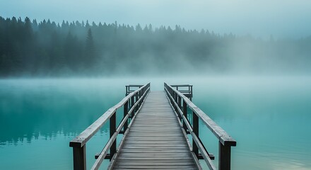 morning mist on the lake. wooden pier leading into misty lake with pine forest in background, serene morning landscape. 