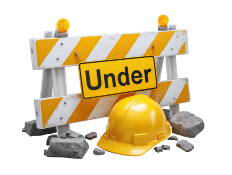 Yellow construction barrier with "Under" sign and hardhat