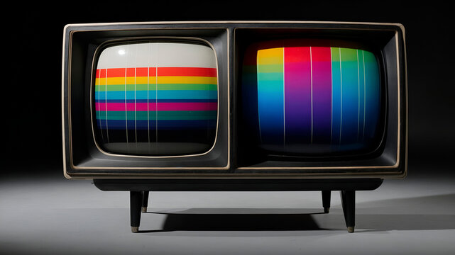 Old retro TV with test pattern color bars inside the screen. Dark moody background, minimalist setup with nostalgic analog tech aesthetic.