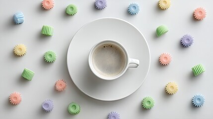 Colorful treats and a cup of coffee on a white surface.