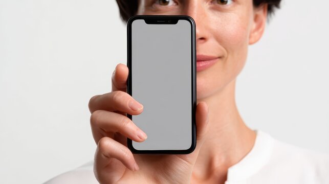 A person using a smartphone for video call, isolated on a white background. Communication, remote work.