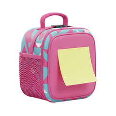 Pink and blue patterned backpack with yellow sticky note isolated on transparent background