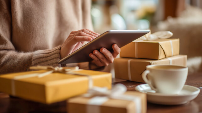 Woman at table using digital tablet for online shopping with stack of gift boxes for Black Friday. E-commerce and present concept.