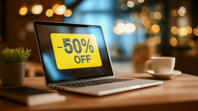 Laptop screen showing a 50% off discount for online shopping. E-commerce concept for Black Friday sales and Cyber Monday deals.
