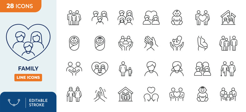 Family line editable icon set. Contain icons related to parenthood, grandparents, children, adoption, and more. Editable stroke. Vector illustration