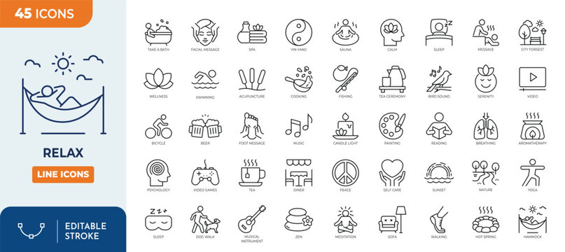 relax line editable icon set. Containing calm, relaxation, meditation, yoga, spa, self-care, massage, peace, nature, serenity and more. 