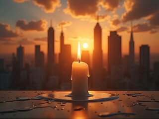 A single vigil candle flame glows with hope and remembrance before a metropolitan city skyline at sunset.