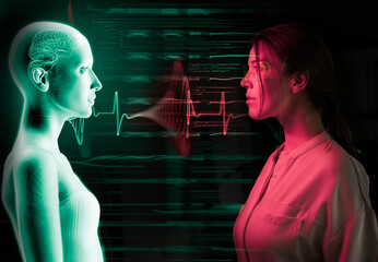 Young scientist standing face to face with artificial intelligence model