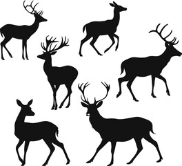 Black Graphic Vector of Male, Female, and Roe Deer in Forest Style