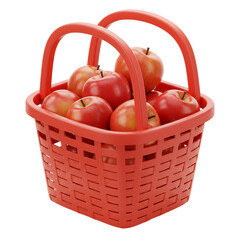 Red plastic basket filled with fresh apples isolated on transparent background