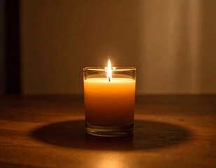 A lit candle in a clear glass, casting a shadow on a wooden surface