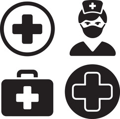 Obraz premium Healthcare Icons with Medical Crosses, Nurse, and First Aid Kit in Black vector