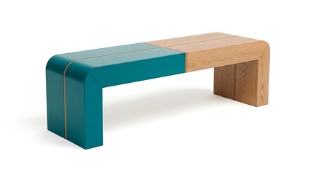 Modern Bench: This image features a unique bench. This modern bench features a blend of wood and teal, its curved design offers a contemporary aesthetic. A minimalist perspective.