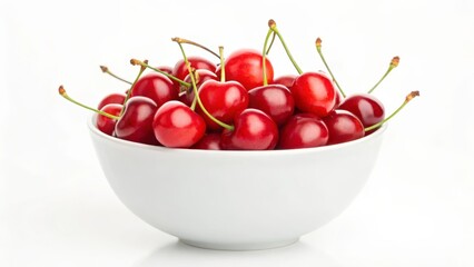 Fresh Red Cherries in White Bowl isolated on White Background