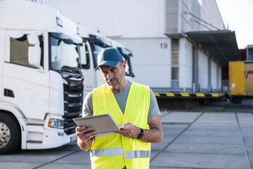 Mature manager wearing protective workwear using tablet PC at distribution warehouse