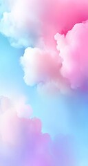 Dreamy pastel sky. Soft pink, purple, and white clouds drift in a light blue sky, creating an ethereal and calming atmosphere. Airbrushed gradient, light leaks, and hazy effect enhance its beauty