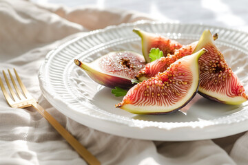 Minimalist food scene with sliced fig on a ceramic plate and golden fork