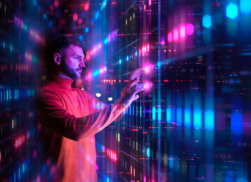 Confident engineer operating data in metaverse